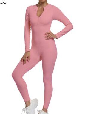 Women's Ribbed Zip Up Long Sleeve Jumpsuit Seamless Workout Leggings Romper